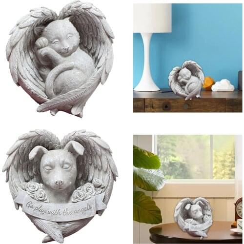 Dog Cat with Wing Memorial Statue Grave Marker Resin Craft Garden Decor