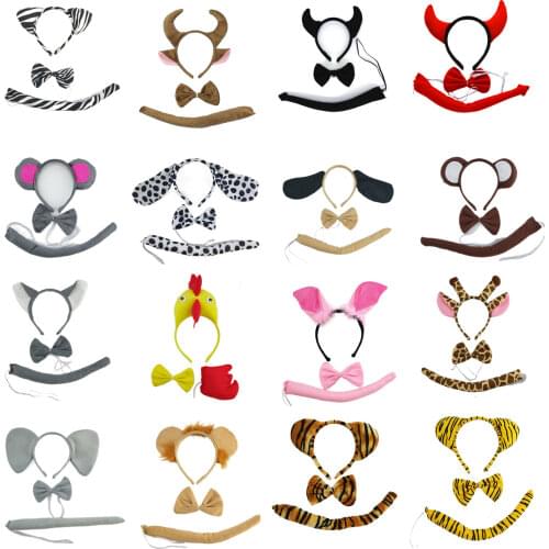 Adult Kids Animal Ears Headband Bow Tie Tail Set Cosplay Costume Props Birthday Party Gift Head Wear Gift Halloween Christmas