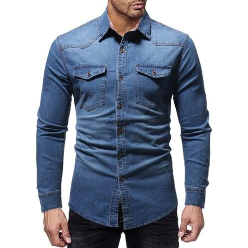 TANG Black Denim Shirt Men Casual Fit Slim Long Sleeve Shirts 2019 Autumn Cotton Jeans Dress Shirt Mens Clothing Plue Size