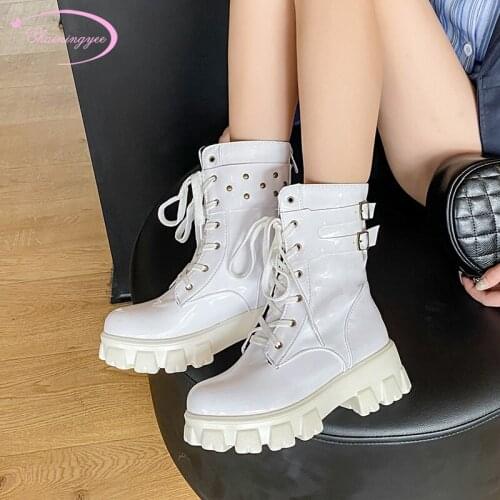Street motorcycle boots round toe paint rivets platform zipper lace-up buckle white black high-heeled chunky womens ankle boots