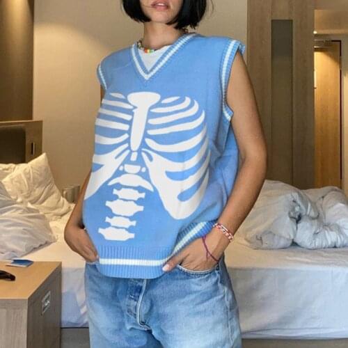 Printed Knitted Sweater Vest Y2k Loose V-neck Pullover Casual Vest 2021 Fashion Autumn Winter Sleeveless Streetwear Vests