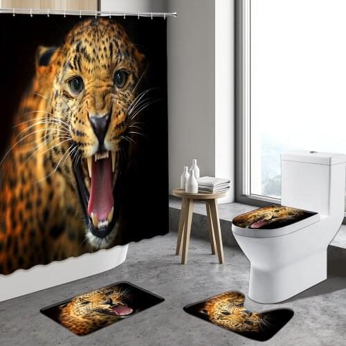 Wild Animals Shower Curtain Cheetah Lion Tiger Bathroom Decor Ferocious Leopard Curtains Toilet Non-slip Indoor Carpet Bath Mats