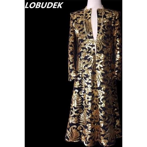 Plus Size Men Long Outerwear Gold Sequins Trench Coat Tide Male Star Singer Concert Performance Costume Nightclub Stage Outfits