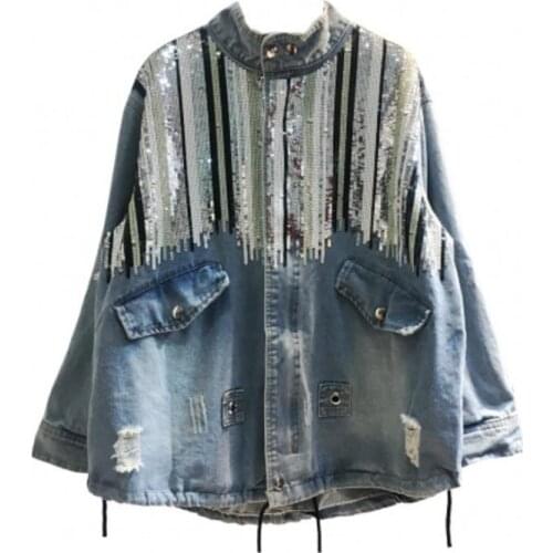 Medium long loose sequins denim jacket women large size sequins tassel hole washed stand collar jeans coat
