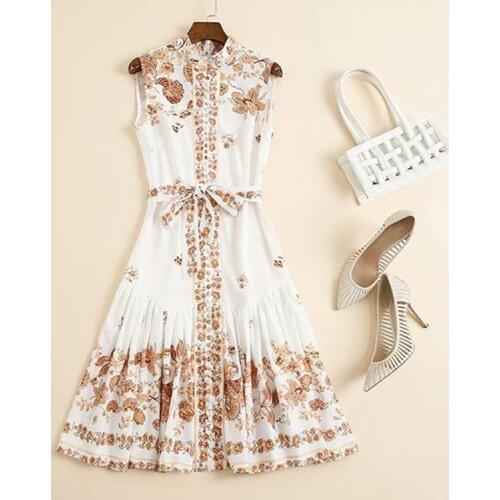 American European womens and wear 2021 summer new style Sleeveless stand collar retro print lace-up Fashionable dress