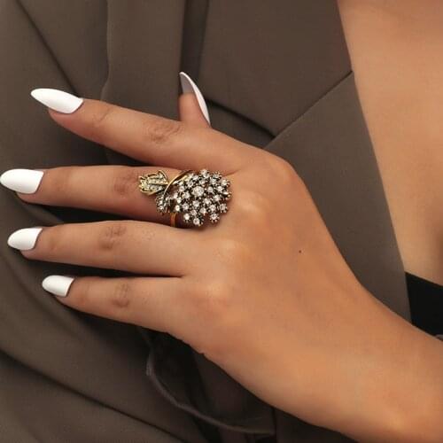 Antique Women Female Rhinestone Finger Rings Statement Jewelry Flower Leaf Open Ring Holiday Party Jewelry Anel Gift