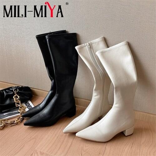 MILI-MIYA Brand Design Fashion Women Cow Leather Boots Knee-High Pointed Toe Square Heels Zipper Solid Color Street Shoes