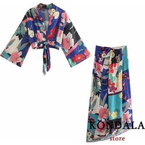 Za 2021 Women Floral Print Kimono Set V Neck Bow Sashes Mujer Cropped Tops and High Waist Straight Midi Skirts Elegant Suit
