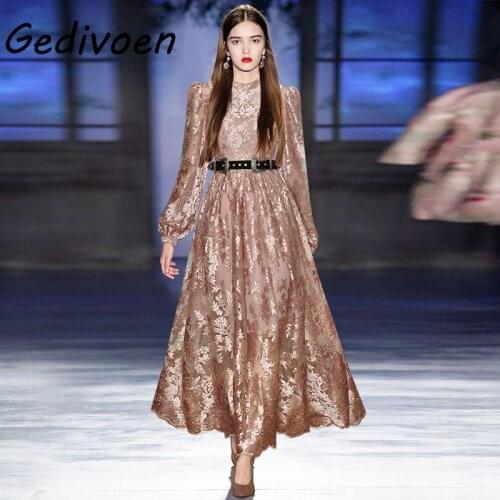 Gedivoen Elegant Nude Pink Mesh Flower Embroidery Maxi Dress Womens 2021 Runway Designer Autumn Lantern Long Sleeve Dresses