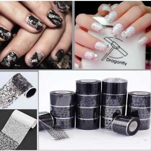 16 Rolls 120*4CM Nail Art Transfer Foil Sticker Black Design Lace Rose Flower Floral Tips Decoration Polish Manicure Tool