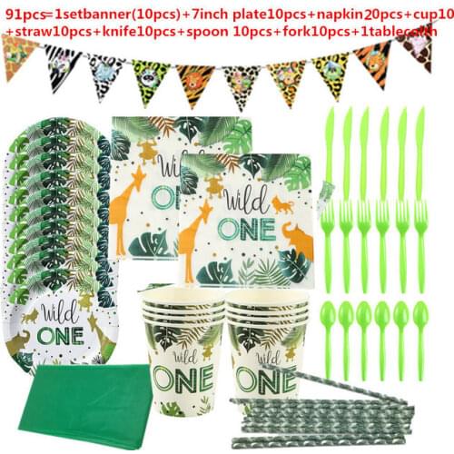 91pc 20 person wild one theme Jungle Animals Disposable Tableware Set Kids Birthday Party Decor Napkin Cup Plate Party Supplies