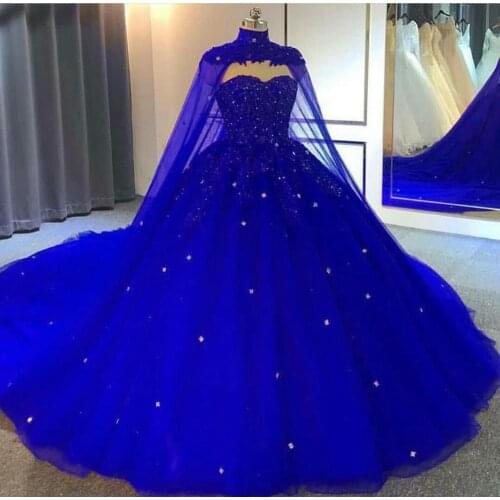 Royal Blue Ball Gown Prom Dresses Beading Lace Appliques Evening Gowns With Wraps Tiered Skirts Party Dress robes de soirée