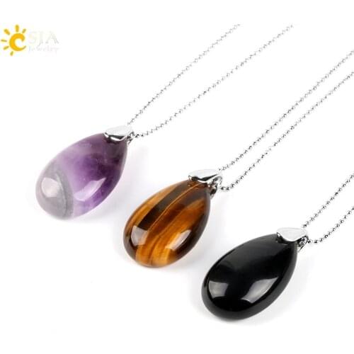 CSJA Natural Gem Stone Water Drop Necklaces Pendants Tiger Eye Lapis Lazuli Clear Crystal Opal Reiki Healing Jewellery Gift E526