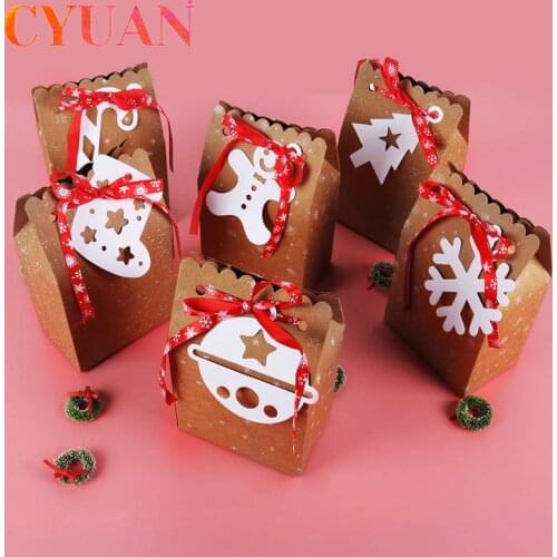 CYUAN 3pcs Christmas Decorations Xmas Kraft Paper Gift Box Merry Christmas Tree Gingerbread Crutch Packing Paper Bag Wedding