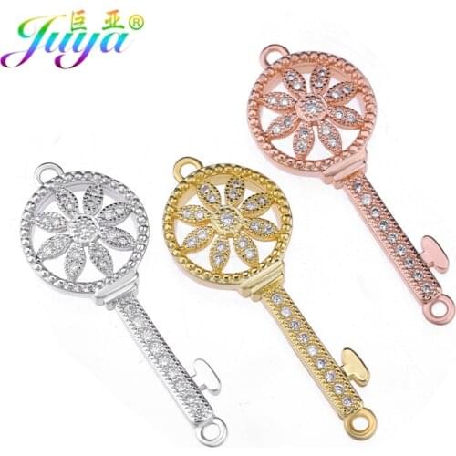 Juya DIY Jewelry Handicraft Charms Micro Pave Zircon Connectors Flower Key Charms Accessories For Womens Fashion Jewelry Making