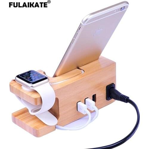 FULAIKATE Bamboo Wood Charging Holder for iPhone 6 Plus Desk Stand for CellPhone Tablet PC Mobile Phone 3 USB Ports Dock Station