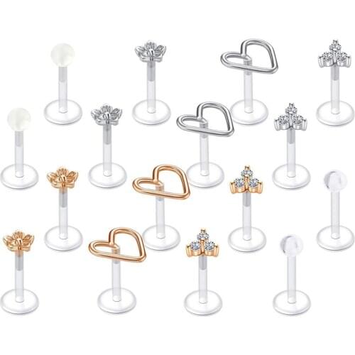 JFORYOU 16G Clear Labret Lip Studs Plastic Tragus Earrings Piercing Jewelry 1/4" 5/16" 6mm 8mm Bar Length