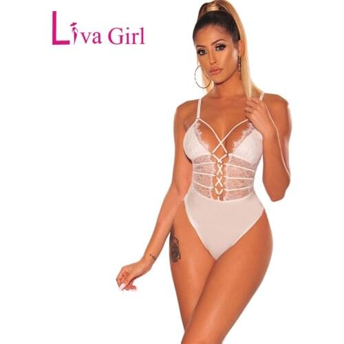 LIVA GIRL White/Black Floral Lace up Bodysuit Women Summer Sheer Sexy V-Neck Strappy Sleeveless Jumpsuits Female Tops Clothing