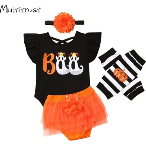 Halloween 4pcs Set Newborn Baby Girls Clothes Sets Letter Print Romper Tops+Lace Ruffles Shorts +Headband+Leg Warmers Clothes