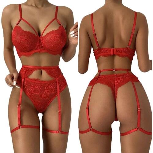 Women 3pcs Hot Erotic Lace Lingerie Set Sexy Floral Lace Bra + High Waist Garter Belt + Panty Underwear Set Floral Intimates