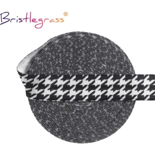 BRISTLEGRASS 2 5 10 Yard 5/8" 15mm Houndstooth Print Fold Over Elastic FOE Spandex Satin Band Tape Hair Tie Headband Sewing Trim