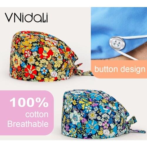 Wholesale Adjustable Nurse Scrub Cap Medical Nurse Doctor Surgical Hats Print Pet Grooming Hospital Scrubs Caps with Buttons