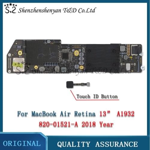 Original A1932 Motherboard for Macbook Air 13.3” 1.6GHZ 8GB 128GB 256G SSD Logic board with fingerprint 2018 820-01521-A