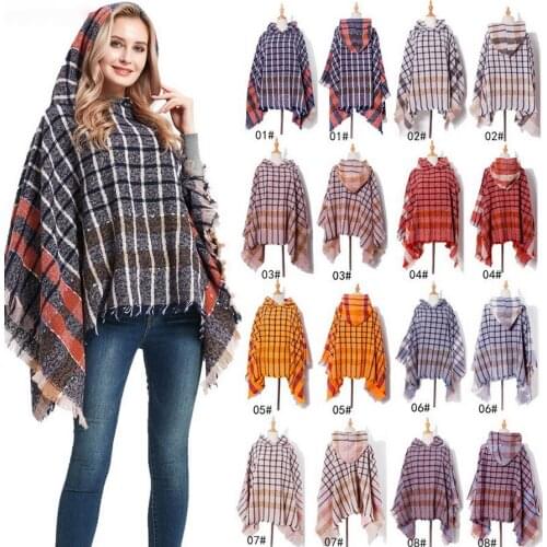 DHL or fedex 20pcs/lot Autumn Winte Warm Plaid Scarf for Women Knitted Cashmere Poncho Hooded Cloak Shawls Women Scarf