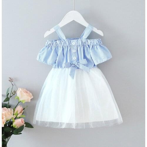 Striped Mesh Girls Dress 2021 New Summer Bow Sweet Children Princess Dresses 2 3 4 5 6 Year Kids Clothes for Girl Blue Pink