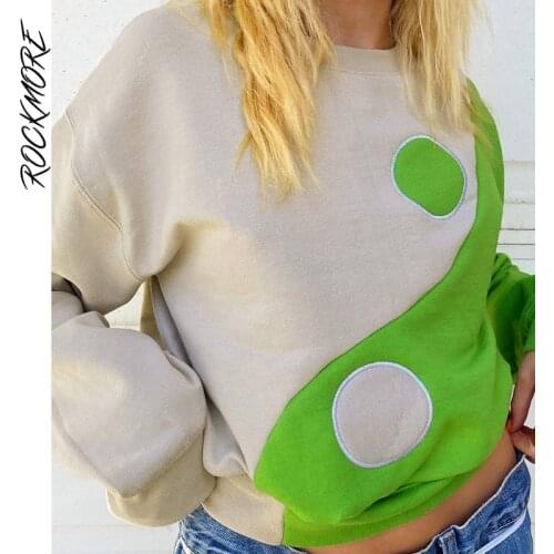 Rockmore Tai Chi Patchwork Sweatshirts Y2K Oversized Pullovers Women Casual Loose Long Sleeve O-Neck Top Kawaii Korean Autumn