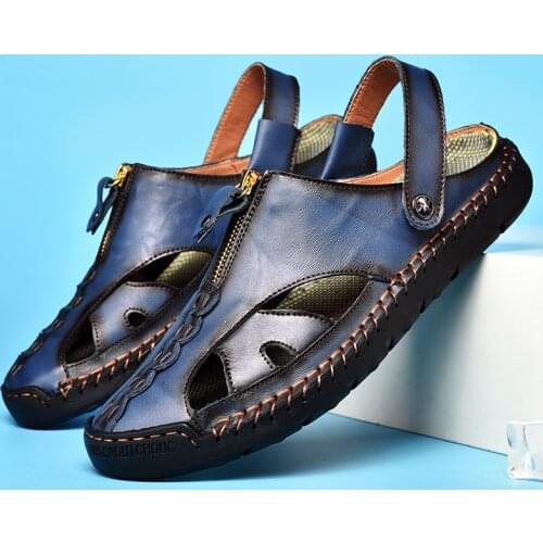 FIXSYS Summer Man Sandals Handmade Beach Shoes Leather Casual Shoes High Quality Breathable Mens Slides Outdoor Water Slippers