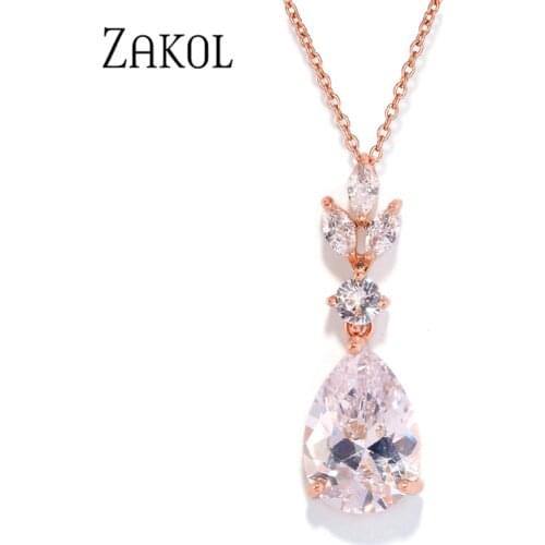 ZAKOL 2020 New Fashion Water Drop Cubic Zirconia Pendant Necklace for Women Leaf Wedding Jewelry Dinner Dress FSNP2158