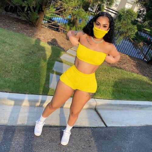 Lemon Gina Women Set Solid Sleeveless Strapless Super-short Tops Sheath Elastic Shorts 2 Piece Sets with Mask Tracksuit Outfits