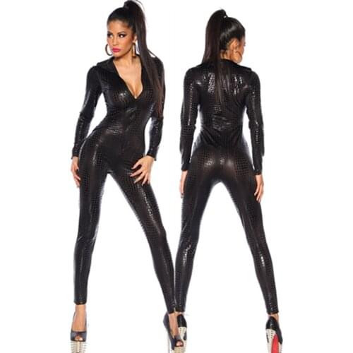 Sexy Metal Snake Skin Pu Leather Plus Size Bodysuit Women Long Sleeve Zipper Bodycon Jumpsuit Party Overalls Sexy Costumes