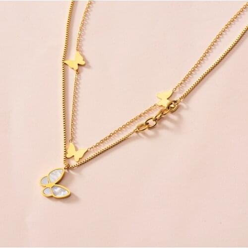 MEYRROYU Stainless Steel Double Layer Gold Color Butterfly Necklaces Elegant Exquisite Necklaces 2021 Female Fashion Jewelry