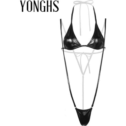 2Pcs Womens Erotic Shiny Mini Micro Bikini Lingerie Set Halter Neck Self-tie Bra Top with Suspender G-String Briefs Underwear