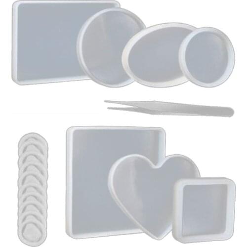 18Pcs Coaster Silicone Resin Mold Round Square Rectangle Heart Oval Molds Kit W0YA