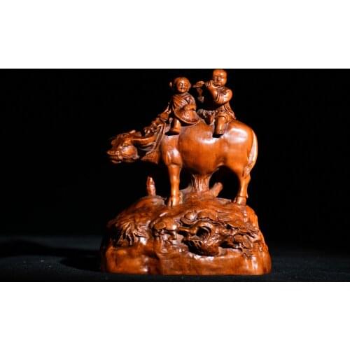 5" China Lucky Old Boxwood Hand-carved Cowherd boy Blowjob cowboy Herd live in harmony Ornaments Town House Exorcism