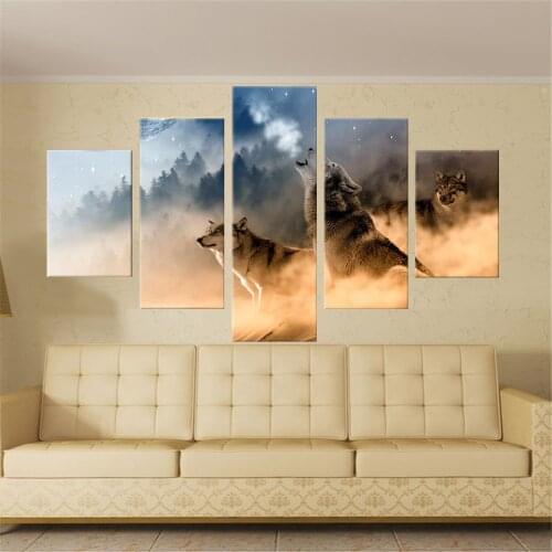 5 Piece Wall Art Canvas Painting Animal Ferocious Wolves Poster Modern Decorative Framework Living Room Wall Pictures
