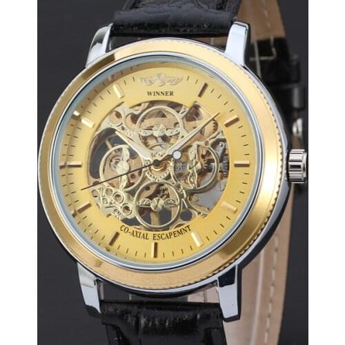 50pcs/lot winner-D153 mechanical watch high quality leather watch super skeleton winner watch hollow out casual men watch