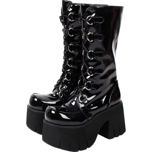 Angelic imprint Women motorcycle cool punk boots lady lolita wedges platform shoes girl Gothic high heels pumps 303 lace up 10cm