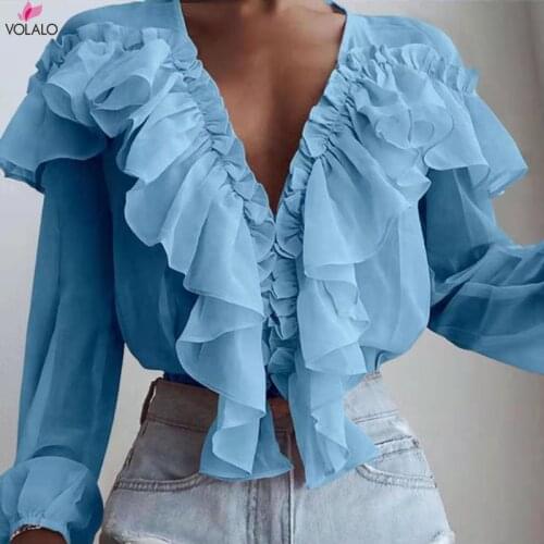 Women Blouses 2021 Summer Ruffled Stylish Top Plus Size Sexy V Neck Long Sleeve Shirt Female Casual Buttons Sweet Blusas