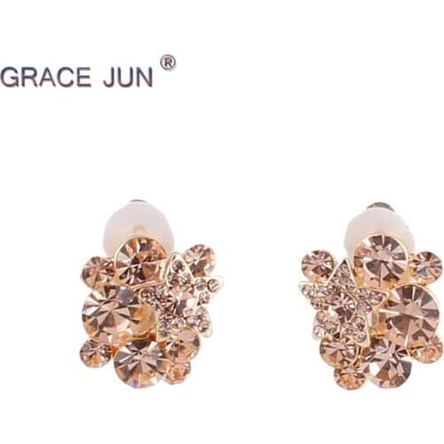 GRACE JUN Hot Sale Import Rhinestone Crystal Star Shape Clip on Earrings No Pierced for Women Party Wedding Cute Jewelry Bijoux