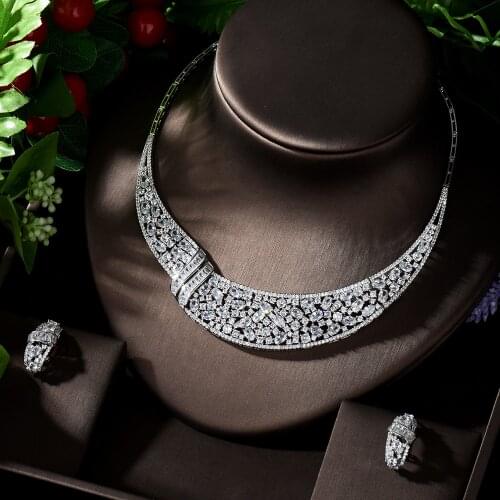 HIBRIDE Shiny White Color Cubic Zirconia Large Heavy Bridal Necklace Jewelry Set for Brides Wedding Dress Accessories N-1253