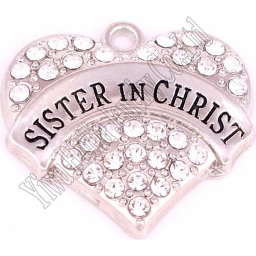 Hot Selling 20 pcs a lot rhodium plated SISTER IN CHRIST with sparkling crystals heart pendant