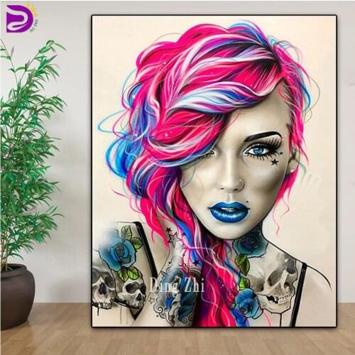 Sexy Color Hair Woman DIY 5D Diamond Painting Embroidery Skull Tattoo Girl Portrait Cross Stitch New Mosaic Rhinestone Decor