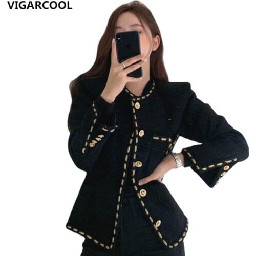 Korean style elegant retro round neck Jacket Female autumn New loose pocket long-sleeved tweed High-quality short Jacket Female