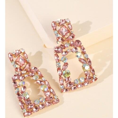 FASHIONSNOOPS Hot Brand Pink Rhinestone Drop Earrings For Women Girls ZA Wedding Jewelry New Designs Dangle Statement Earrings