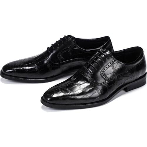 New style men dress shoes handmade genuine leather pointed toe carved brogue shoes lace up formal wedding shoes big size 46