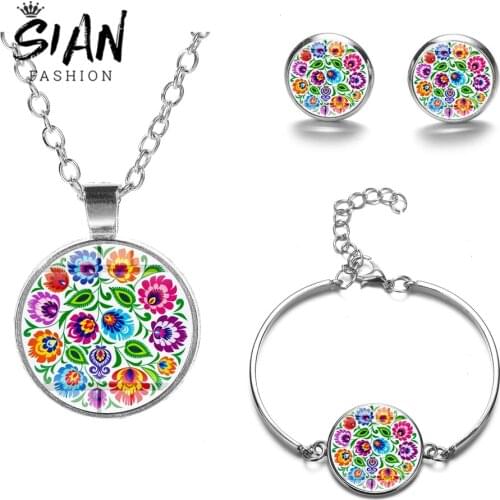SIAN 2019 Bohemia Jewelry Sets Polish Folk Art Pattern Colorful Flowers Photos Glass Dome Necklace Earrings Bracelet Wedding Set